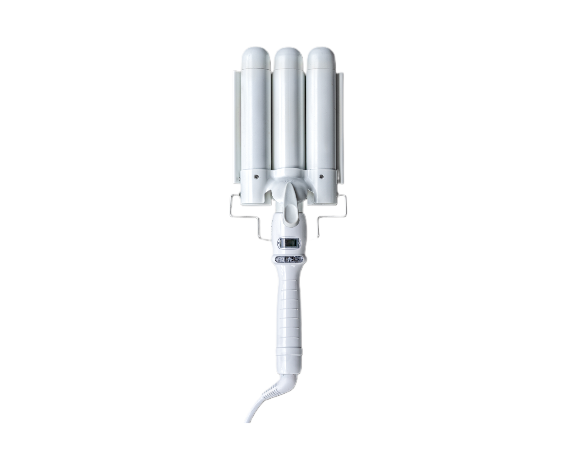 A white triple-barrel GlamJunkie Iconic Waver hair waver tool designed for creating waves in hair.