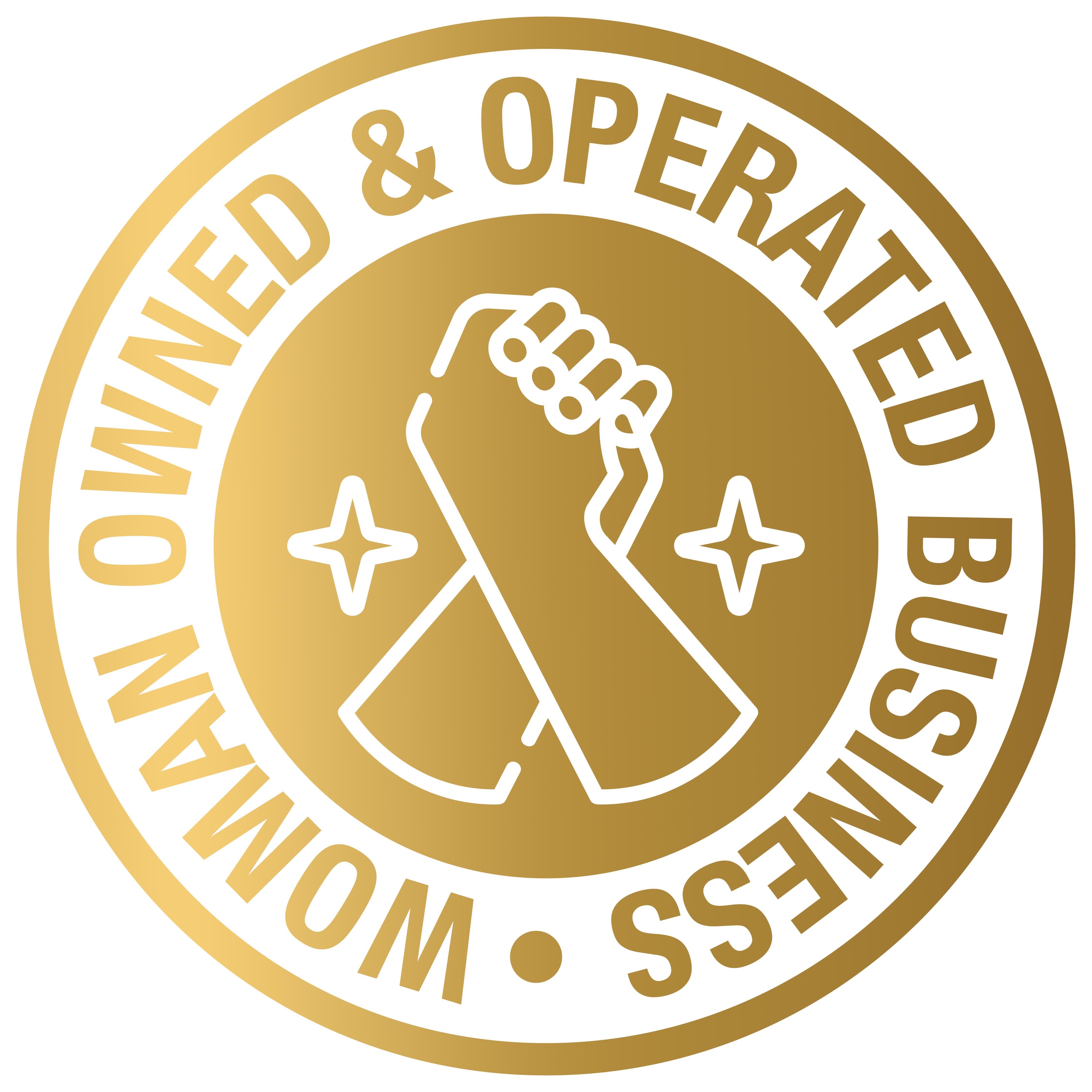 Gold circular badge with a handshake and stars design, indicating that GlamJunkie is proud to be a woman-owned and operated business based in Chicago, IL USA